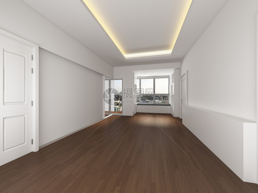 3D带木地板的白色空房插图图片