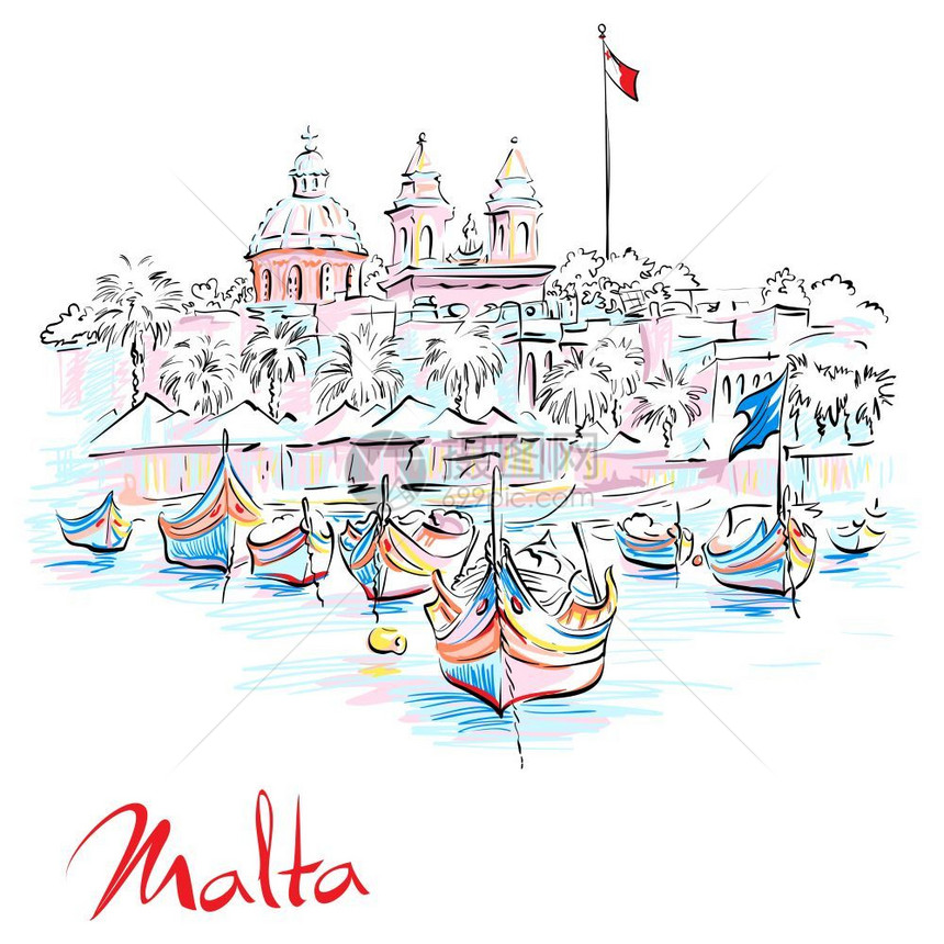 马耳他Marsaxlokk的Luzzu养眼船马耳他Marsaxlokk地中海捕鱼村Marsaxlok的Luzzu和教堂传统有色眼图片