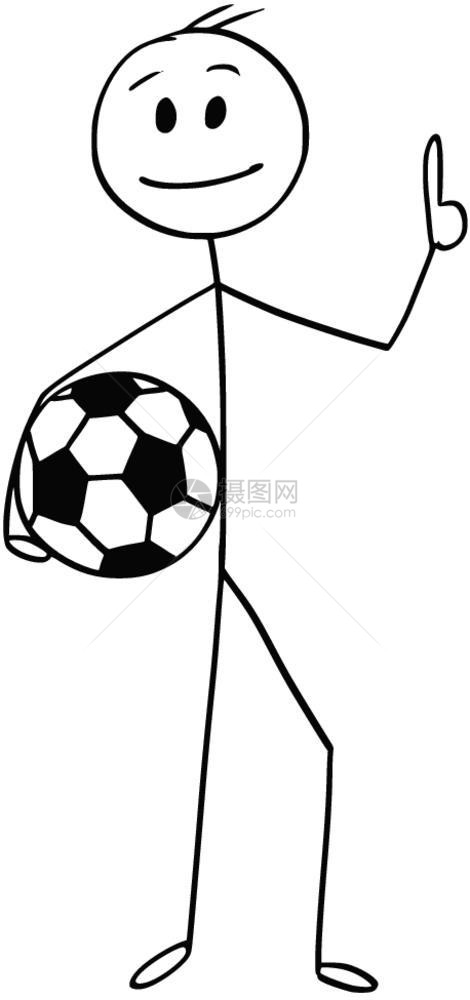 卡通棍手画出微笑足球或运动员握着和大拇指的模样图片