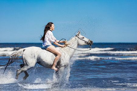 年轻女孩骑着白马穿越大海夏天骑着马海滨图片