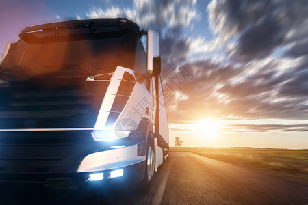 日落时在高速公路上驾驶拖车的商业货运卡通用现代辆设计3D造型背景图片