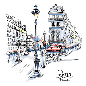 景观灯配有传统房屋和灯的巴黎街道法国插画
