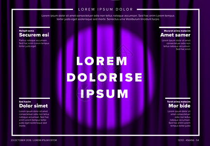 紫色织物纹理带窗帘和聚光灯的矢量戏剧阶段海报模板插画