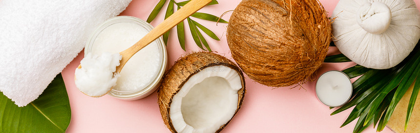 椰子油热带叶和新鲜椰子平地健康生活概念图片