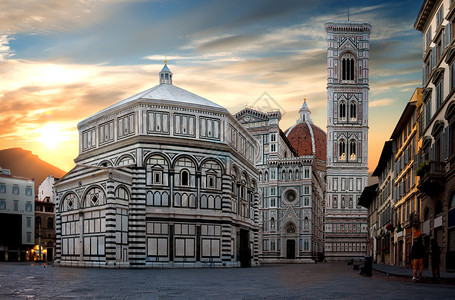钟形花序日出时佛罗伦萨著名的圣玛丽亚德尔菲奥雷大教堂背景