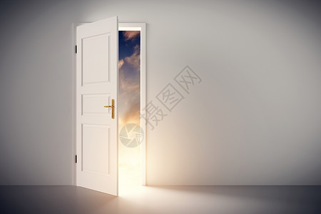 太阳闪耀在半开放的经典白门中新生活希望宗教等概念的3D插图太阳闪耀在半开放的经典白色门中背景图片