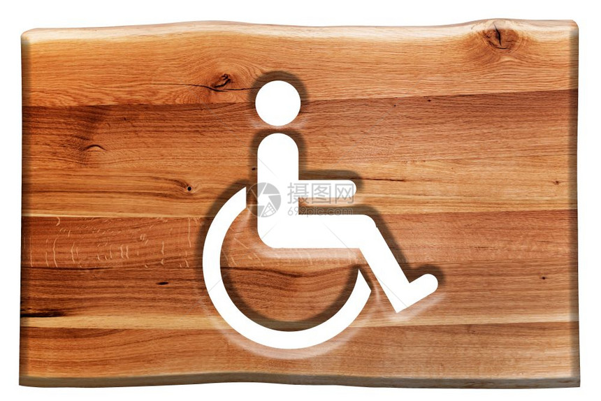 身着轮椅标志残疾人符号被用木板切开的残疾人在白板上被孤立图片