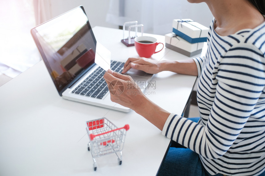 带有膝上型电脑的小妇女购物车用于互联网在线购物概念图片