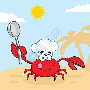 厨师拿笼屉卡通可爱拿勺子的螃蟹厨师插画插画