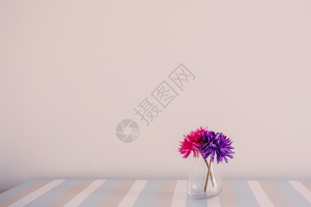 桌子上花朵在白墙背景上桌子花朵在白墙之背景图片