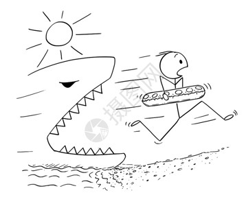 黑白线条卡通在海滩被大鲨鱼追赶的男孩图片