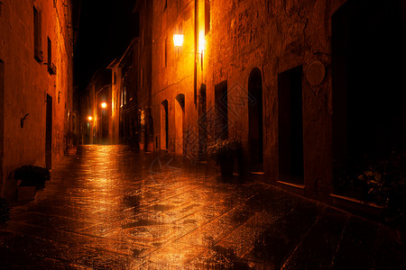 意大利托斯卡纳Pienza雨夜欧洲旧街照亮欧洲旧街照亮欧洲旧街照亮背景图片
