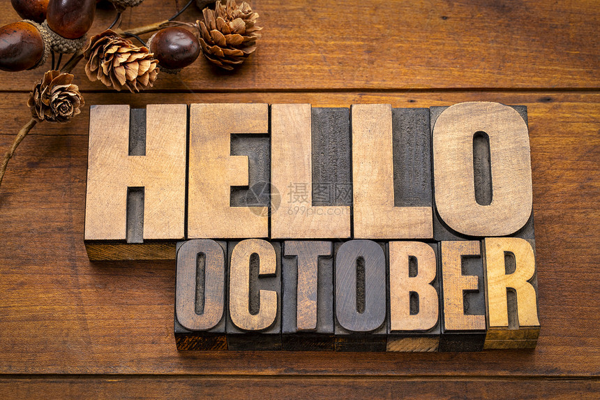 Hello10月古老的纸质木板块中的文字摘要与配有秋天装饰的木本背景对比图片