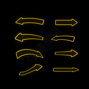 黄色霓虹灯黑色背景上隔离的一组不同亮黄色箭头插画