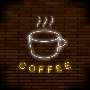 红砖背景彩色尼昂咖啡杯夜市封条彩色尼昂咖啡杯图片