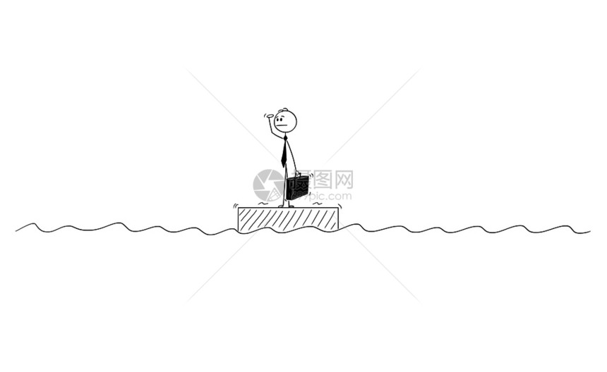 卡通棍在概念上展示了商人独自站在海洋中部的木筏上或无处寻求某种商业机会或危结束图片