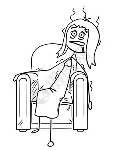 奥利匹克精神卡通棍描绘了精疲力尽的妇女坐在扶椅上倒塌的概念说明插画