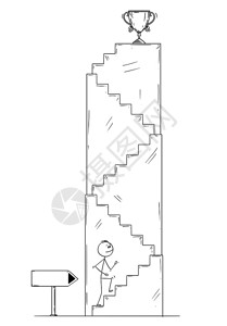 韦斯卡省Cartoon棍子绘制男人或商走上赢家和奖杯的阶梯概念插图职业和成功的商概念Man或商人的卡通为Winner走上楼梯Trophy插画
