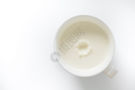 玻璃牛奶顶部视图白色背景上分离有波纹滴图片