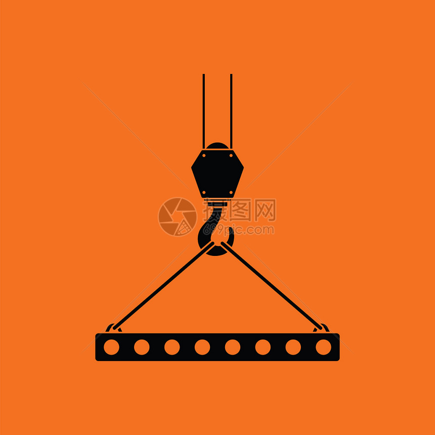吊钩上挂在的木板图标用绳索捆绑橙色背景黑矢量插图图片