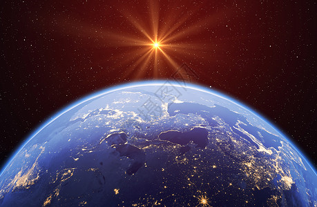 大陆明星地球与太阳和恒星全球模型与黑色背景隔绝由美国航天局提供的这一图像元素背景