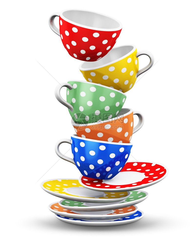 3D表示用彩色瓷器咖啡杯或饮料和彩色波尔卡点装饰品和白色背景孤立的酱碟来展示飞翔的堆叠图片