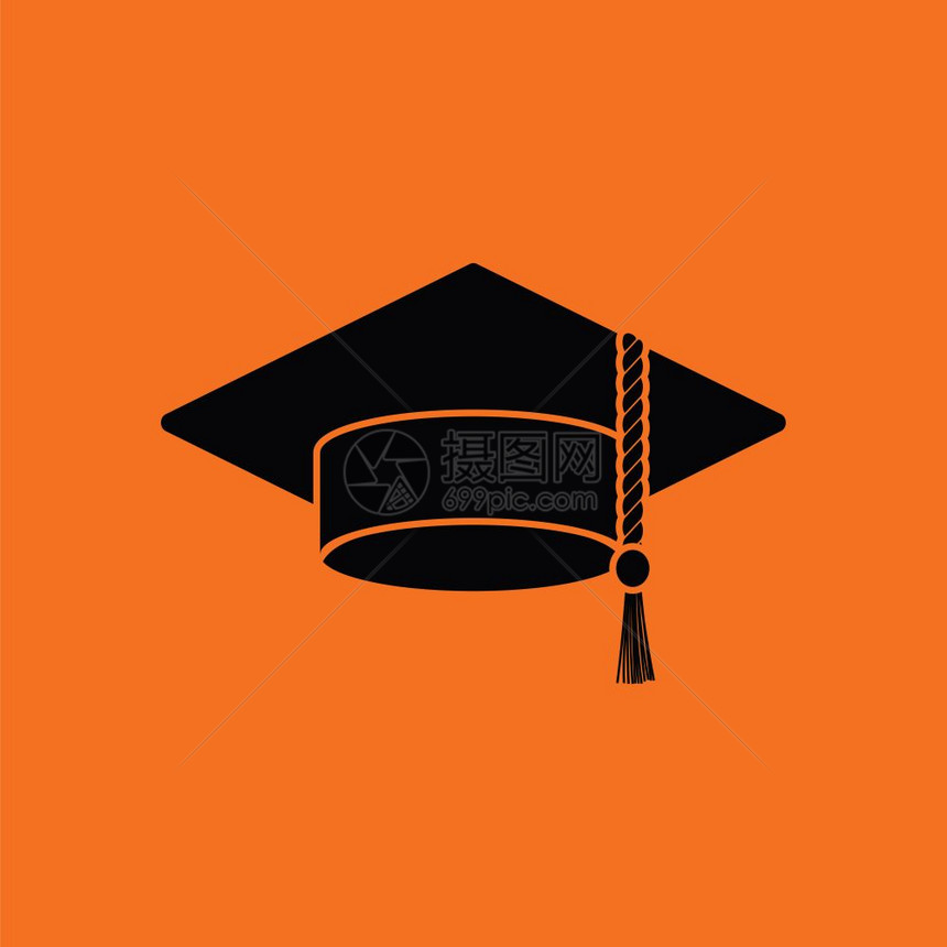 毕业帽图标橙色背景黑矢量插图图片