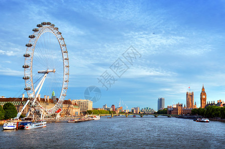 伦敦英国天际大本伦敦眼和泰晤士河来自50周年大桥英国符号背景图片
