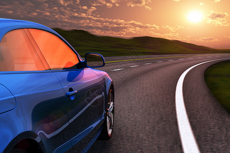蓝车在日落时由自动巴本驾驶运模糊效果高清图片