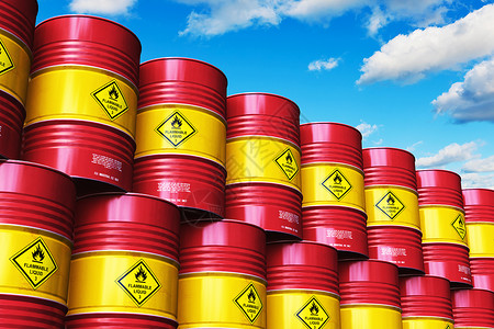 蓝色桶创意抽象石油和天然气工业制造和贸易商概念3D表示工业仓库与堆叠成的红色金属油桶或石对着蓝色云层的天空红金属桶或石油群背景