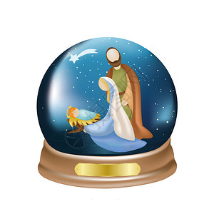 食槽圣诞水晶球WihtChristiannatity蓝底的圣诞水晶球wihtnative插画