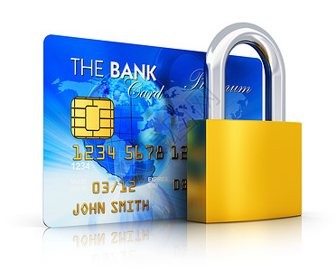 创意商业抽象银行金融货币安全在线购物和公司会计概念蓝信用卡带有铜锁或以白色背景孤立的钥匙锁具有反射效果背景图片