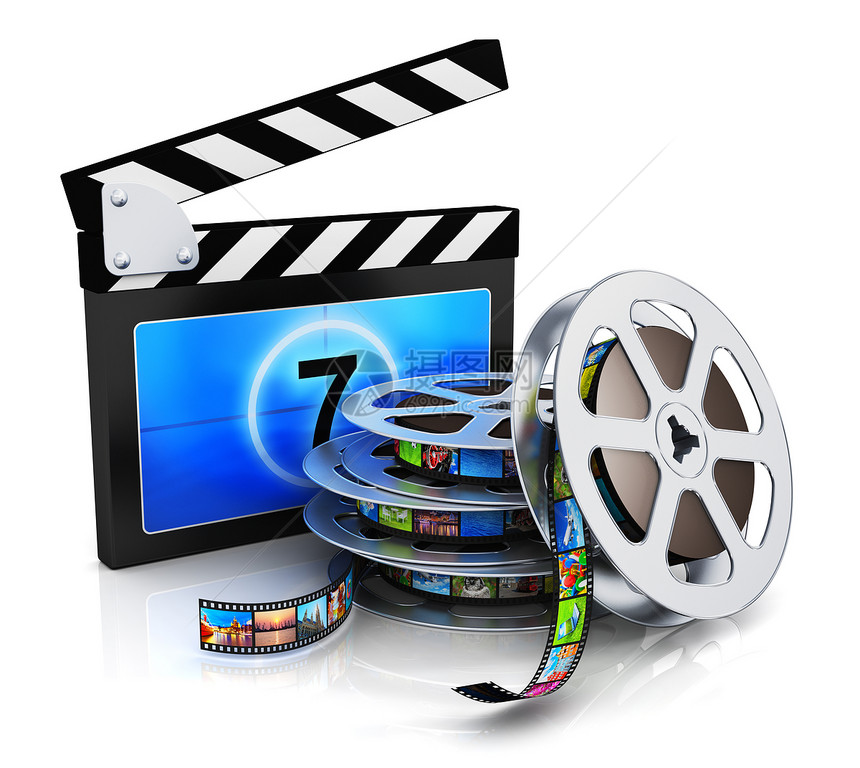 电影和视频媒体产业生概念拍板和金属胶片卷带图片