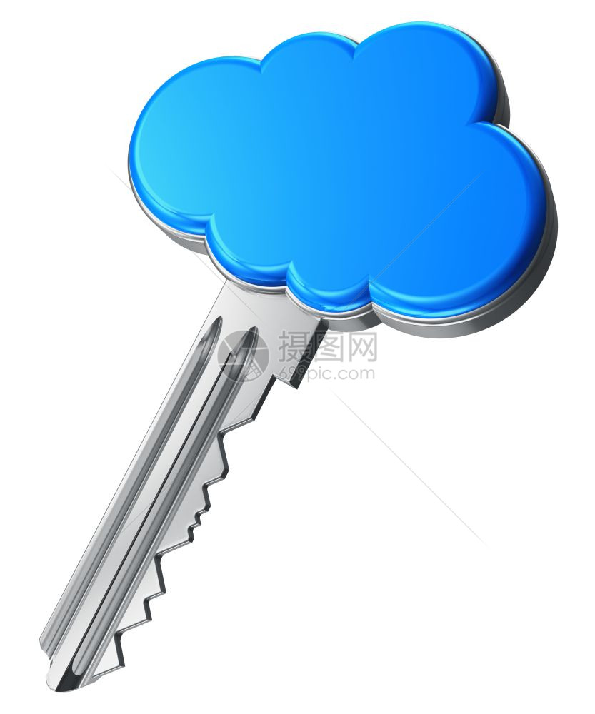 云计算概念蓝形状的金属密钥在白色背景上被孤立图片