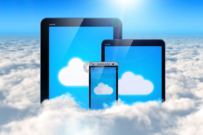 创造抽象云计算和无线网络技术通信互联商务概念3D显示平板电脑智能手机或移动电话在空中的一组数字高于蓝天的云层图片