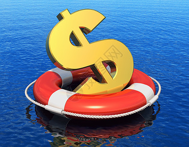 金融危机概念在蓝色水面漂浮并产生反射效果的救带中黄金符号图片