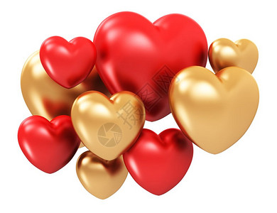 金色的心创意抽象的爱情婚礼结仪式情人节庆祝活动概念白色背景上孤立的红色和金闪亮的心形组合背景