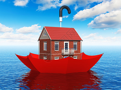 创意房地产安全家庭保护和险业务概念住宅小屋漂浮在蓝色海水中红伞式图片