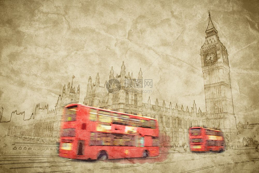 伦敦英国的艺术数字图画红色巴士在动大本威斯敏特宫英国的古老风格的图标伦敦英国的艺术形象红色公共汽车在动大本图片