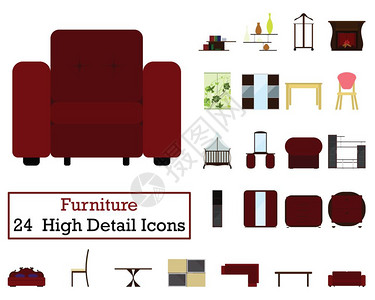 沙发图标一套24个家具图标平面彩色设计矢量插图背景