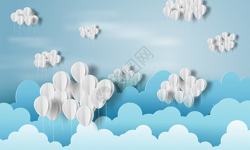 卡通蓝色气球蓝色天空概念矢量上云彩的气球白纸背景