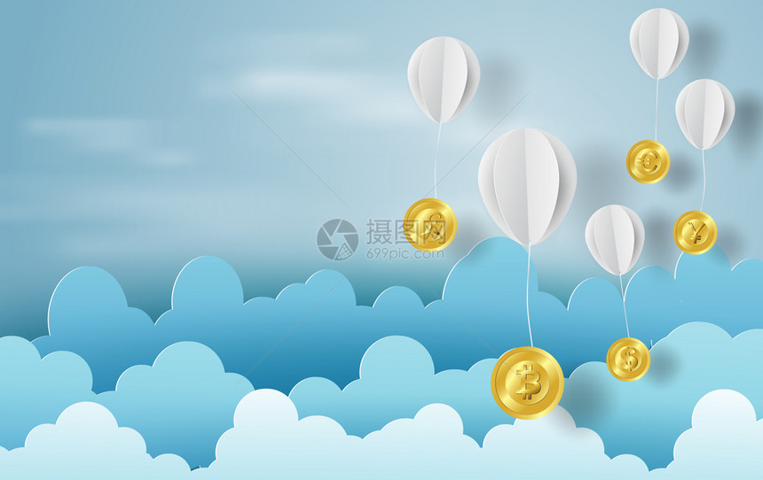 以货币兑换制作的气球纸商业和管理概念蓝天云矢量图片