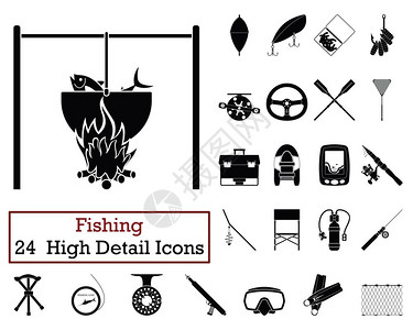 钓鱼图标24个渔获图标单色颜设计矢量插图背景