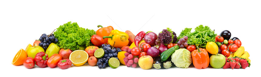 全景明亮的蔬菜和水果孤立在白色背景图片