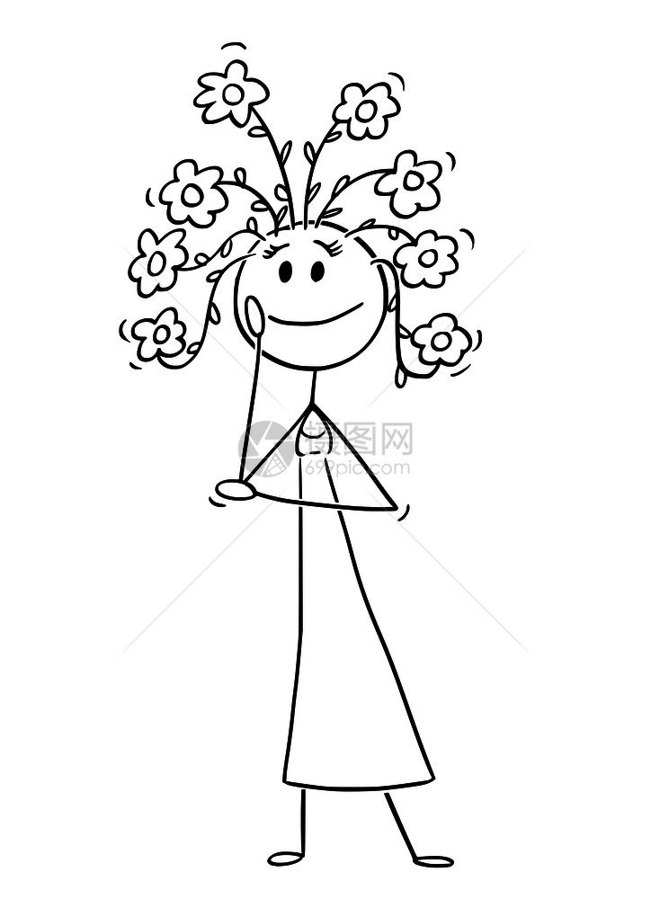 卡通棍描绘幸福女人或孩的概念图解他头上长着鲜花充满生态思维概念图片