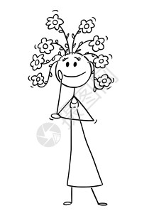 卡通棍描绘幸福女人或孩的概念图解他头上长着鲜花充满生态思维概念图片