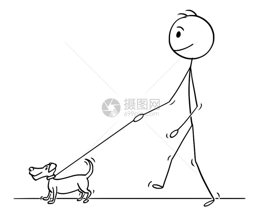 卡通棍子画出男人带着小狗走在皮上的概念图图片