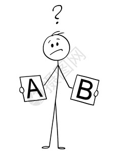 卡通刺棍描绘用A和B手持卡片的人或商概念图解并在两种选择之间作出决定背景图片
