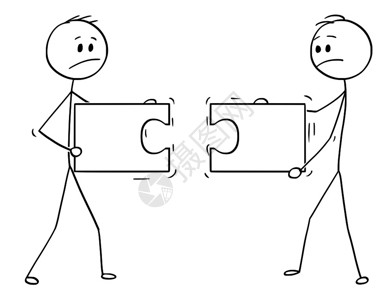 一块拼图卡通棍棒人绘制两个商持有并试图连接两个不匹配的拼图概念插问题和故障的商业概念团队合作或插画