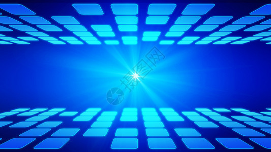 虚拟空网络间现实室的立方体蓝色背景有照明弹3D插图图片